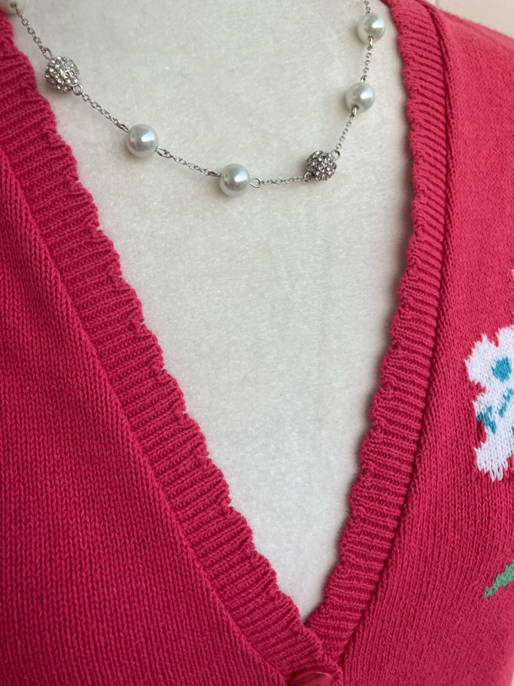 Vintage 90s Pink, Teal, & Blue Two Piece Floral Sweater Vest & Midi Skirt Set - Picture 7 of 11
